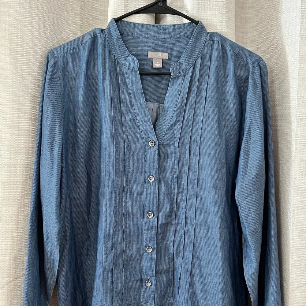 J. Jill Pintuck Tunic Womens M Blue LS Textured Stripe Casual Top Coastal Chic